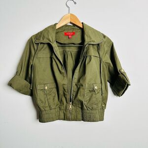 GUESS Olive Green Utility Cropped Bomber Jacket | Roll-Up Sleeves Cargo Pockets